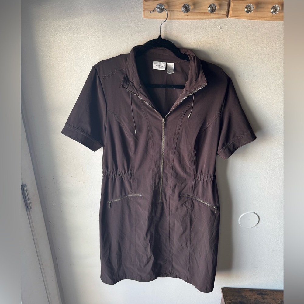 Chico’s Zenergy Athleisure Zip Dress - Espresso Brown - Short Sleeve Size 1.5